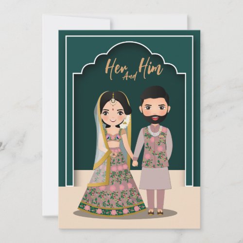 Bride and groom cute couple indian cartoon save the date