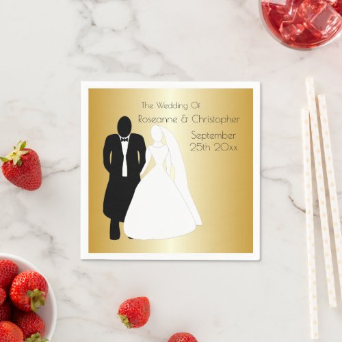 Bride And Groom Design Gold Wedding Napkins