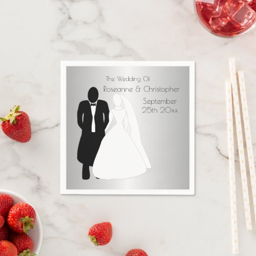 Bride And Groom Design Silver Wedding Napkins