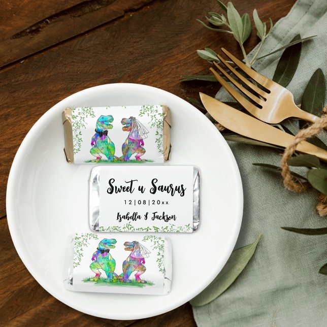 Bride and Groom Dinosaur Wedding sweet u saurus Hershey's Miniatures (Dinosaur bride and groom sweet u saurus custom wedding favor colorful watercolor dinosaurs )