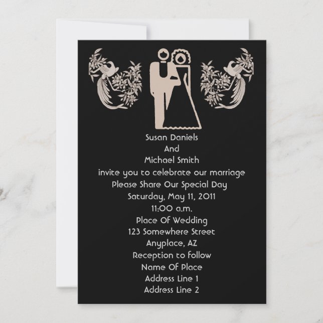 Bride And Groom Doves Black Wedding  Invitation (Front)