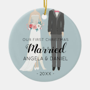 Bride and Groom First Christmas illustration Ceramic Ornament