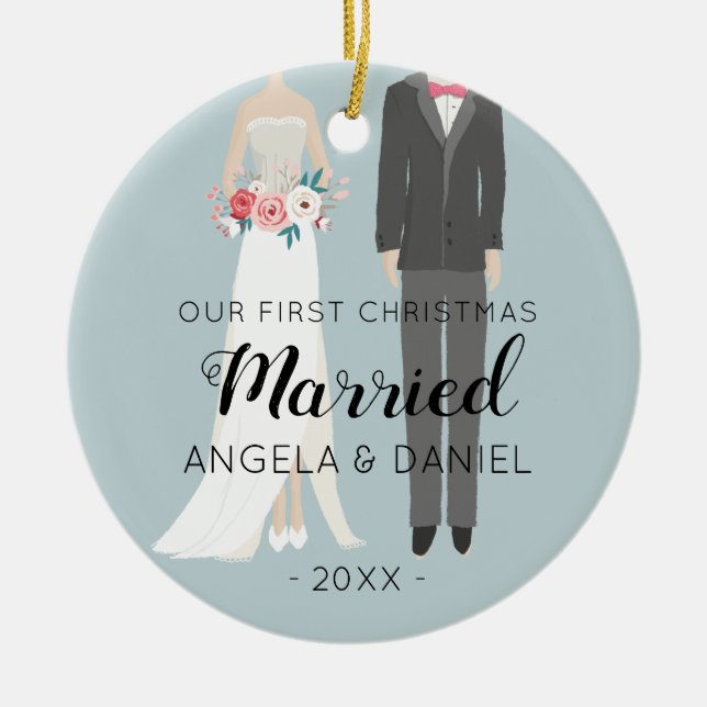 Bride and Groom First Christmas illustration Ceramic Ornament (Front)