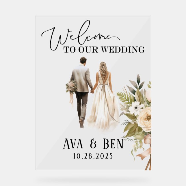 Bride and Groom Floral Wedding Welcome Sign (Front)