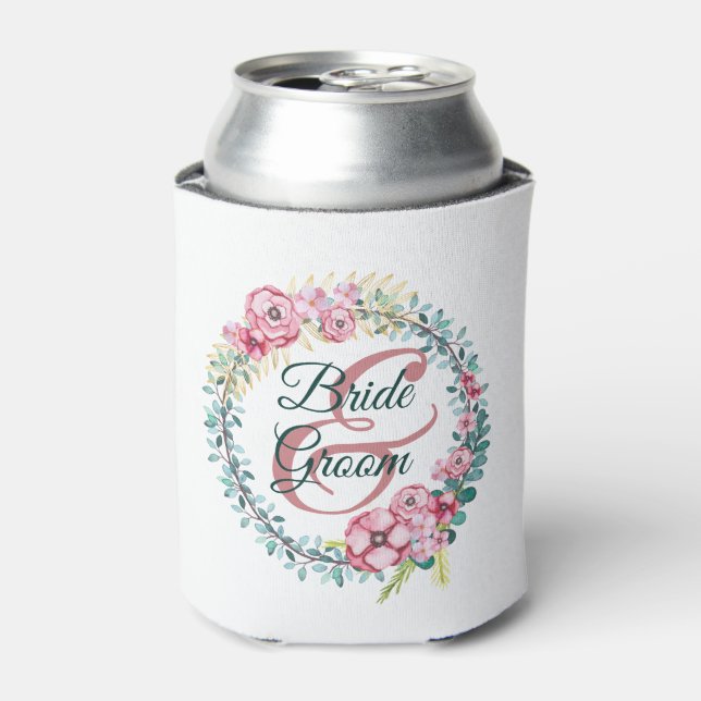 Bride And Groom Floral Wreath Can Cooler (Can Front)