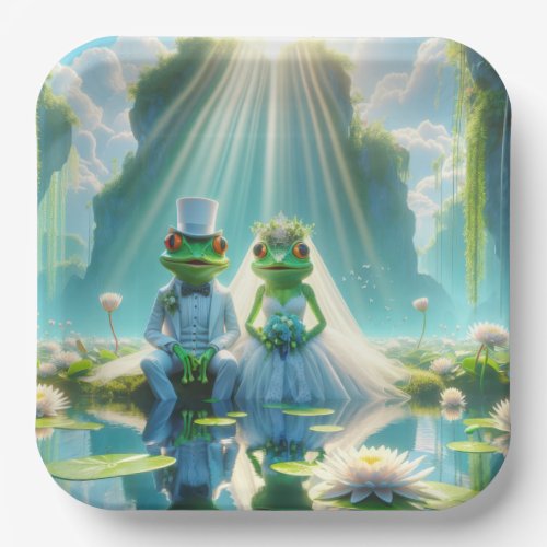 Bride and Groom Frogs On Lily Pad Paper Plates