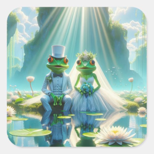 Bride and Groom Frogs On Lily Pad Square Sticker