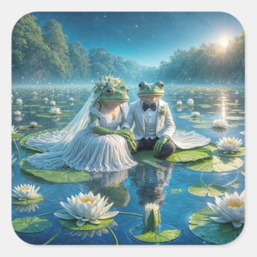 Bride and Groom Frogs On Lily Pad Square Sticker