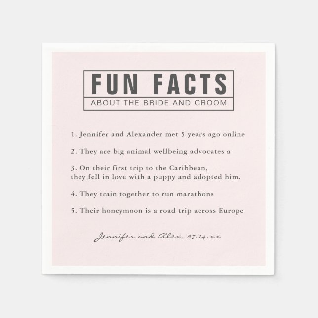 Bride and Groom Fun Facts Blush Pink Paper Napkins (Front)