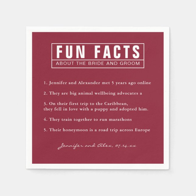 Bride and Groom Fun Facts Burgundy Red Paper Napkins (Front)