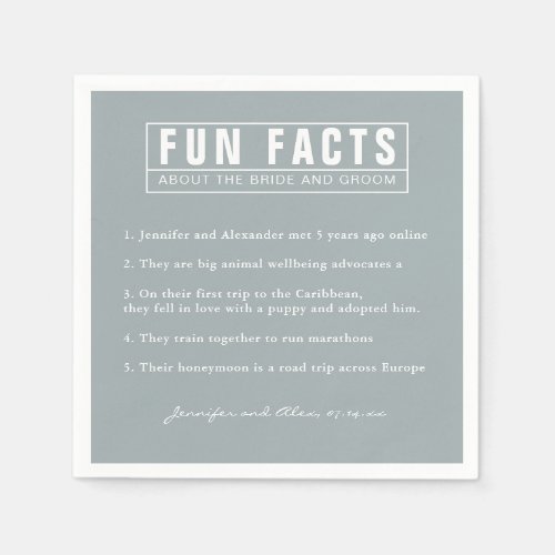 Bride and Groom Fun Facts Dusty Blue Paper Napkins