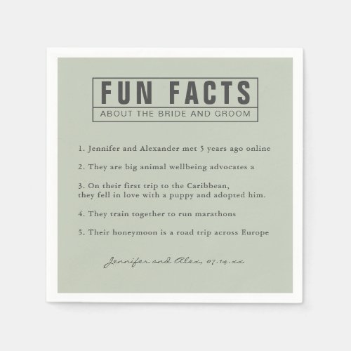 Bride and Groom Fun Facts Eucalyptus Green Paper Napkins