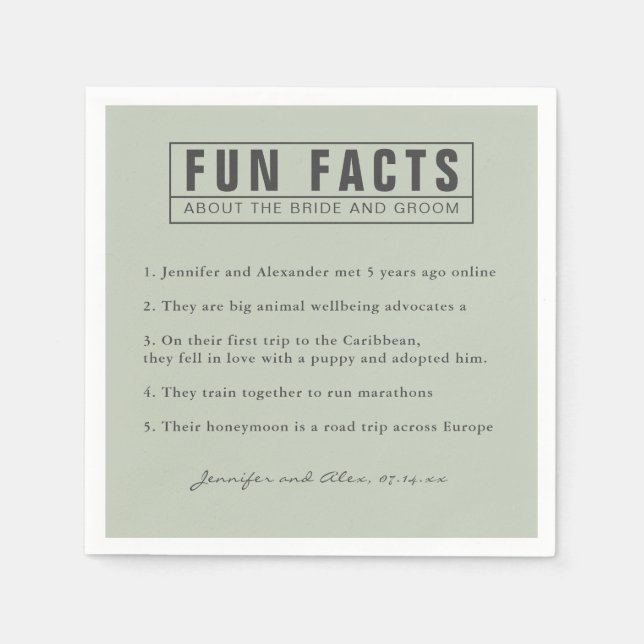 Bride and Groom Fun Facts Eucalyptus Green Paper Napkins (Front)