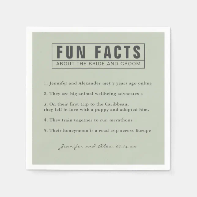 Bride and Groom Fun Facts Eucalyptus Green Paper Napkins Zazzle