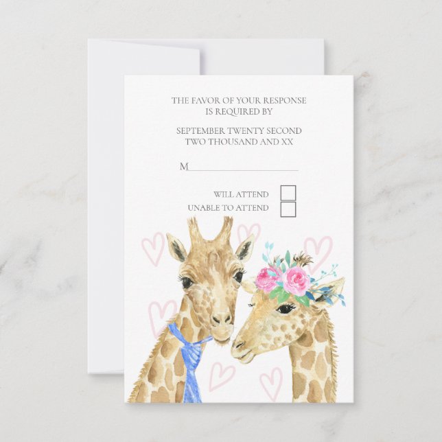 Bride and Groom Giraffe Wedding RSVP Card (Front)