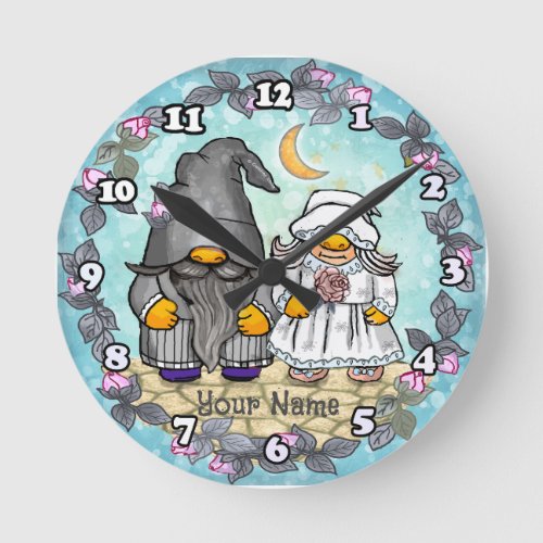 Bride and Groom Gnome wedding custom name  Round Clock