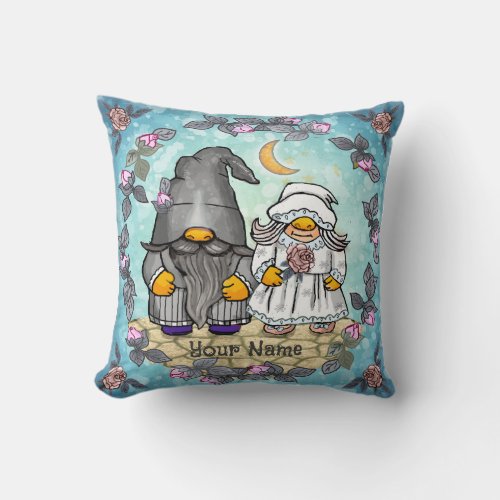 Bride and Groom Gnome wedding custom name  Throw Pillow