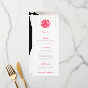 Bride and groom green bouquet red wedding menu