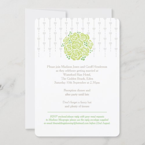 Bride and groom green bouquet wedding invitations