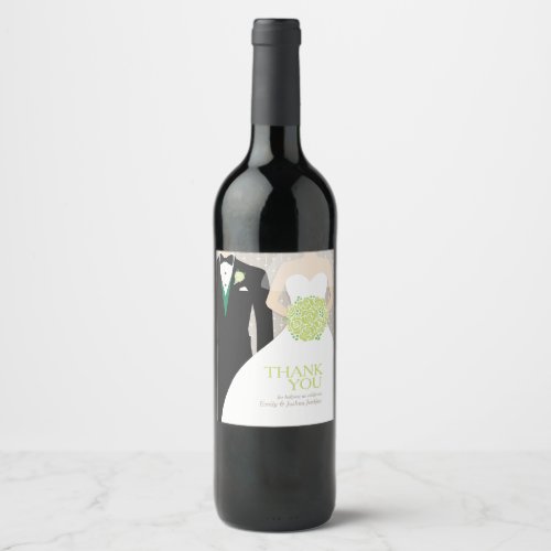 Bride and groom green custom thank you wine labels