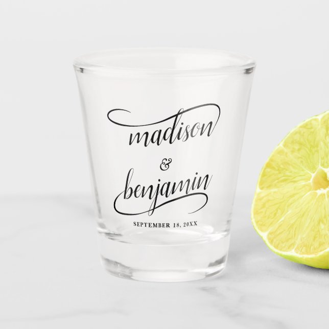 Bride and Groom Handwritten Swash Calligraphy Shot Glass (Front)
