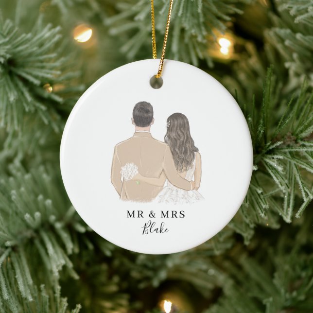 Bride and Groom Illustration Ceramic Ornament (Tree)