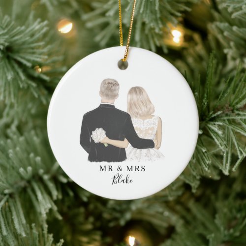 Bride and Groom Illustration Ceramic Ornament
