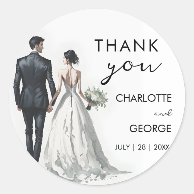 Bride and Groom Illustration Wedding Favors Classic Round Sticker (Front)