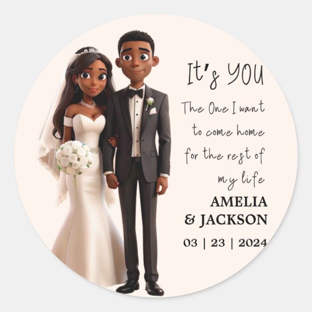 Bride and Groom Illustration with love quotes Classic Round Sticker (Front)