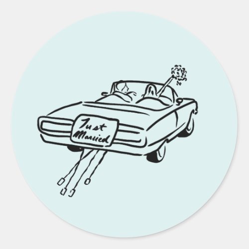 bride and groom in a just married car  classic round sticker