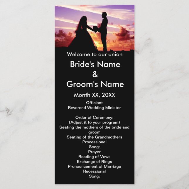 Bride and Groom in Sunset Wedding Progam Card (Front)