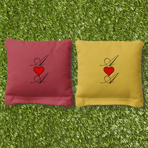 Bride and Groom Initials Red Heart Cornhole Bags