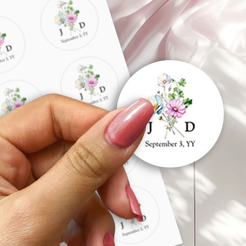 Bride and Groom Initials Wildflower Posy Monogram Classic Round Sticker