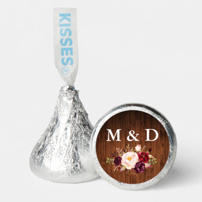 Bride and Groom Initials Wood Burgundy Floral Hershey®'s Kisses® (Front)