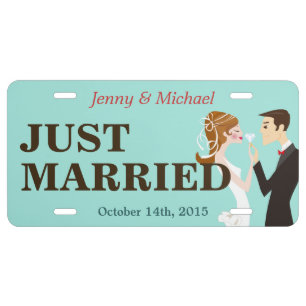 Bride and Groom Just Married Decorative Wedding License Plate