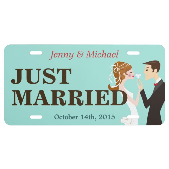 Bride and Groom Just Married Decorative Wedding License Plate (Front)