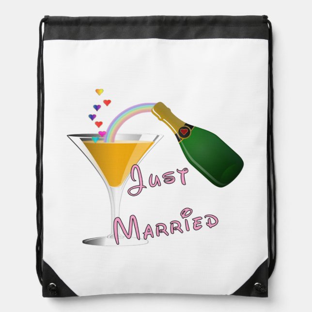 Bride and Groom Just Married Drawstring Bag (Front)