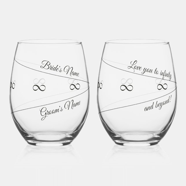 Bride and Groom, "Love You to Infinity and Beyond" Stemless Wine Glass (Front)