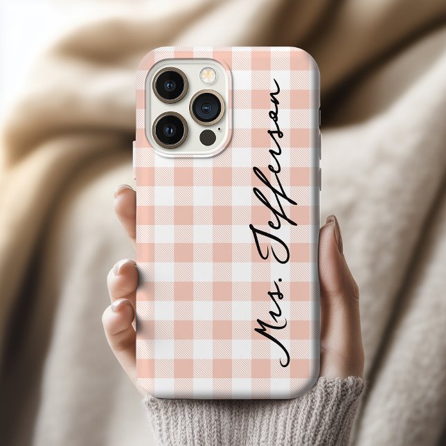 Bride and Groom Matching Peach Plaid Phone Case (Personalized Peach Gingham iPhone Case Wedding Gift for Bride and Groom or Husband and Wife)