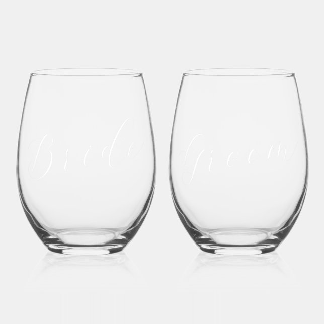 Bride and Groom Matching Set Stemless Wine Glass (Front)