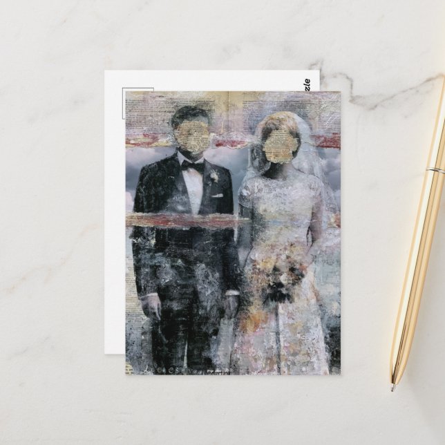 Bride and Groom Mixed Media Collage Postcard (Front/Back In Situ)