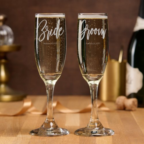 Bride And Groom Modern Calligraphy Wedding  Champagne Flute