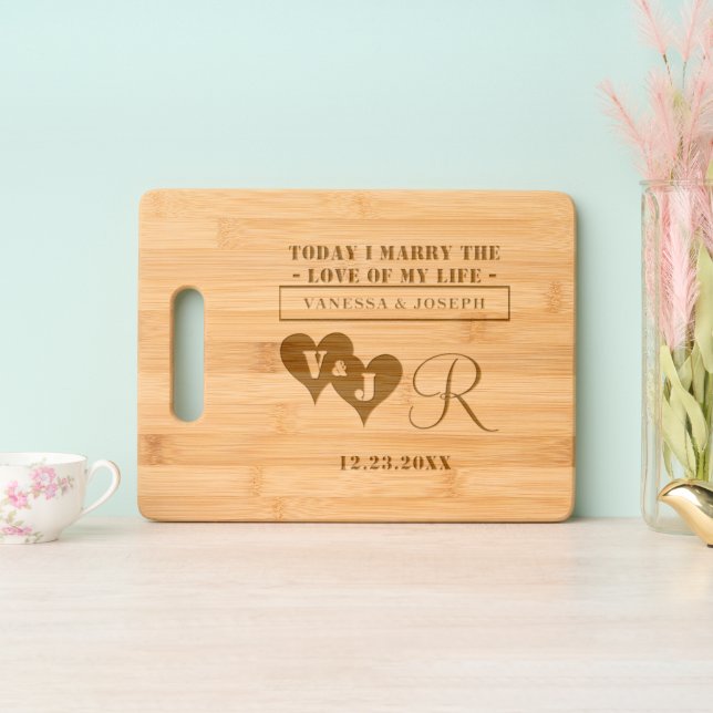 Bride and Groom Monogram Engraved Cutting Board (Upright)