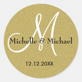 Bride And Groom Monogram Gold Glitter Classic Round Sticker