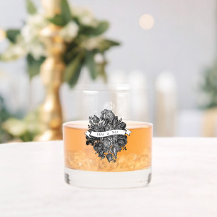 Bride and Groom Monogram Initials Black Roses Whiskey Glass