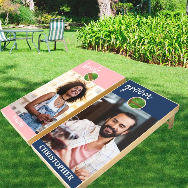 Bride and Groom Names Navy Blue Blush Pink 2 Photo Cornhole Set (Creator Uploaded)