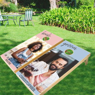 Bride and Groom Names Pink Blue 2 Photo Cornhole Set