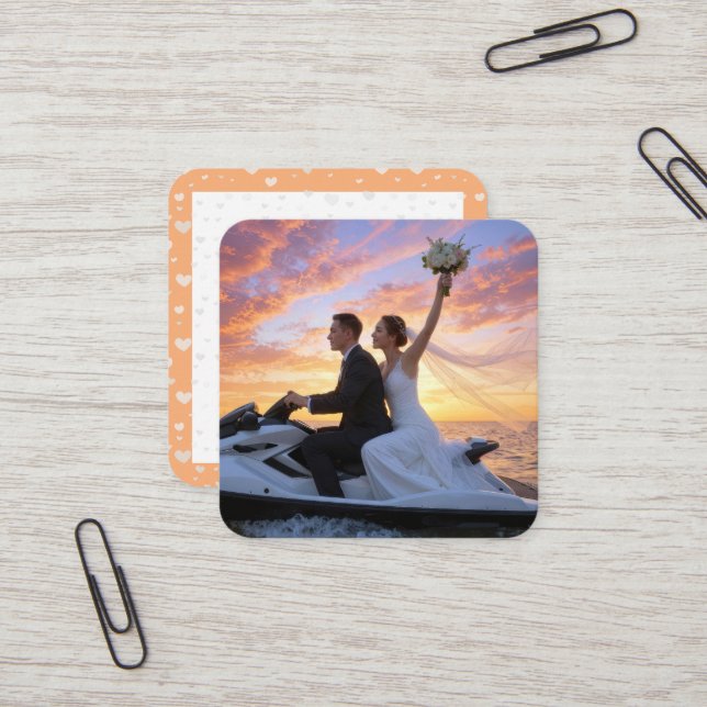 Bride and Groom on a Jet Ski Square Business Card (Front/Back In Situ)