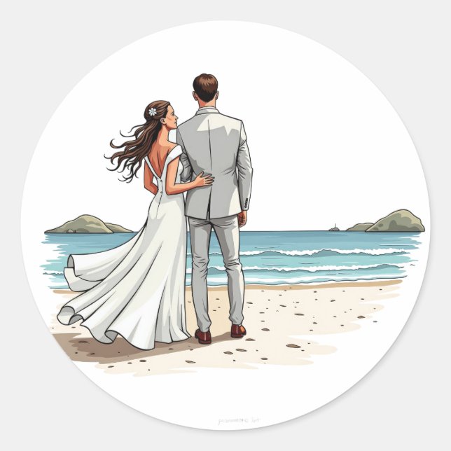 Bride and Groom on the Beach Sticker (Front)