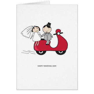 Bride and groom on the red scooter. Wedding card
